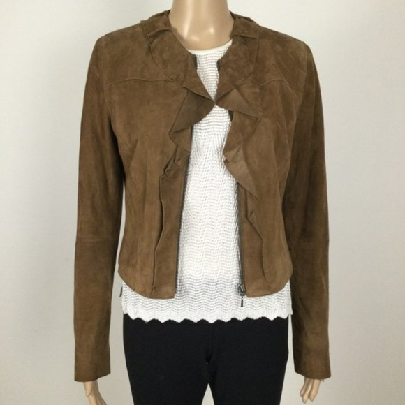 👛(ANY 2/$60) ELIE TAHARI 100 Percent Lamb Suede Jacket Outer, Ruffle Detail, 6 - Picture 3 of 7